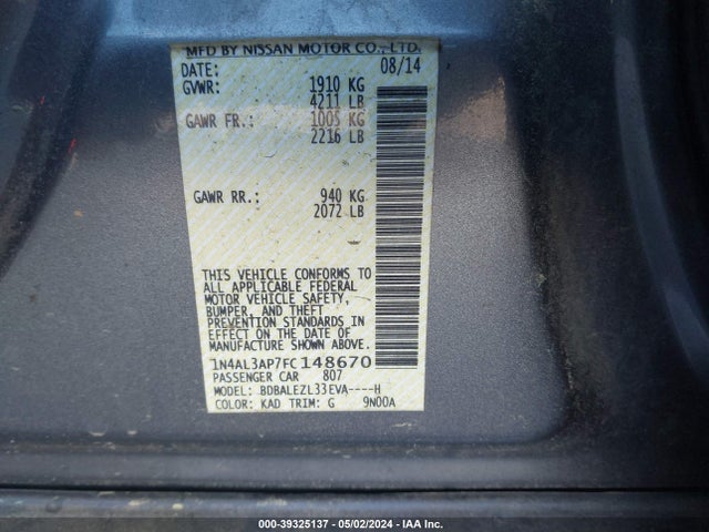 Nissan Altima 2.5 S 2015 1N4AL3AP7FC148670 Image 9