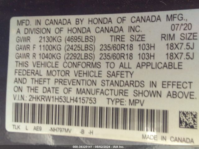 2HKRW1H53LH415753 Honda Cr-v 2wd Ex