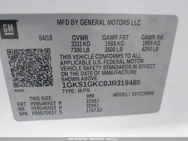1GKS1GKC0JR319485 GMC Yukon Xl Slt