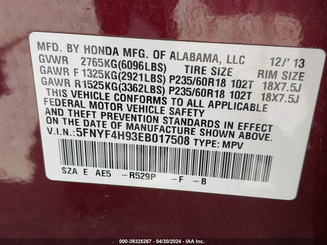 Honda Pilot Touring 2014 5FNYF4H93EB017508 Image 9