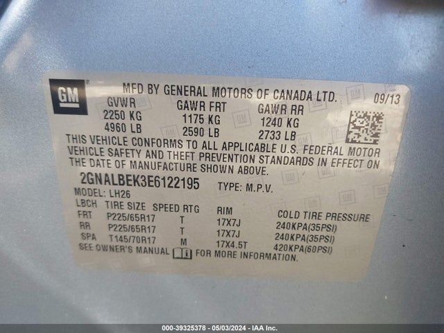 Chevrolet EQUINOX 1LT 2014 2GNALBEK3E6122195 Image 9