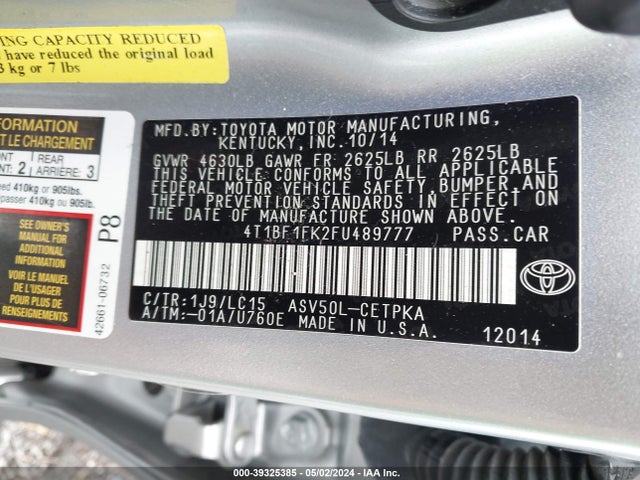Toyota CAMRY XSE 2015 4T1BF1FK2FU489777 Image 9