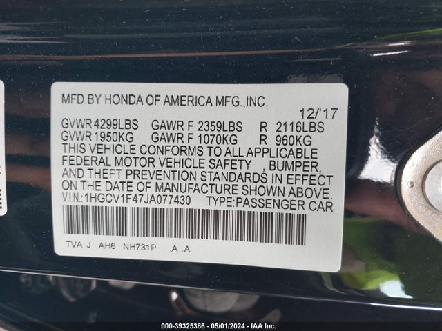 Honda ACCORD EX 2018 1HGCV1F47JA077430 Image 9