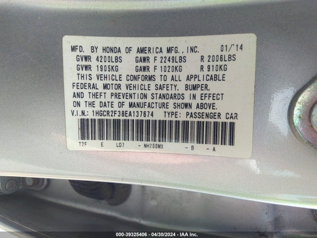Honda ACCORD LX 2014 1HGCR2F38EA137674 Image 9