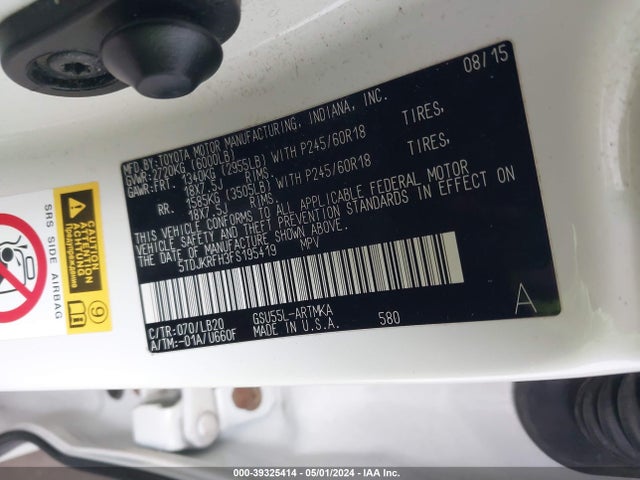 Toyota Highlander Xle V6 2015 5TDJKRFH3FS195419 Image 9