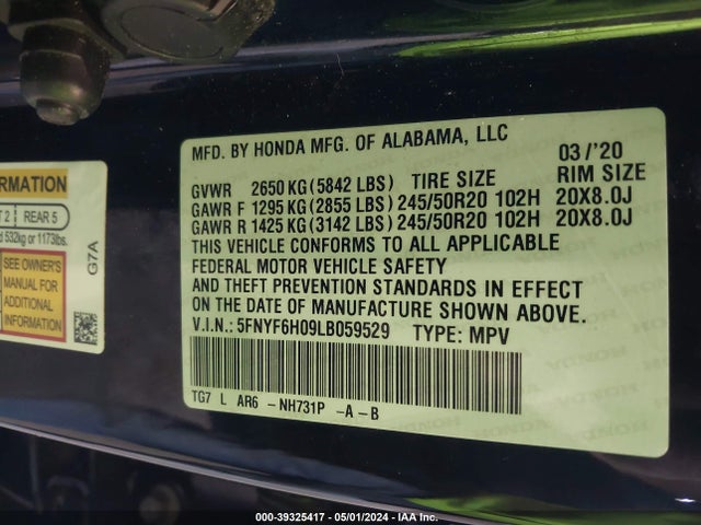 Honda Pilot Awd Elite 2020 5FNYF6H09LB059529 Image 9