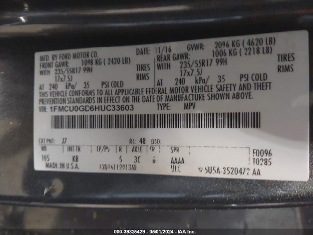 Ford ESCAPE SE 2017 1FMCU0GD6HUC33603 Image 9