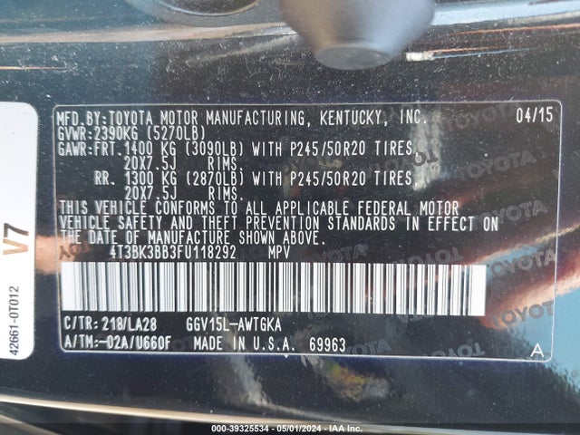 Toyota Venza Limited V6 2015 4T3BK3BB3FU118292 Image 9