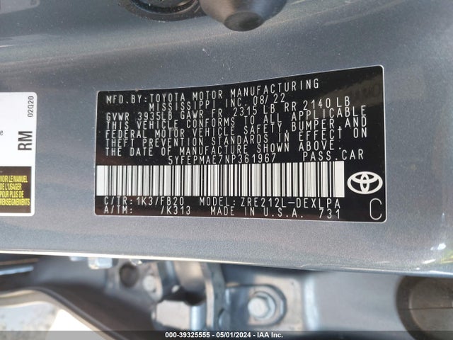 Toyota COROLLA LE 2022 5YFEPMAE7NP361967 Image 9