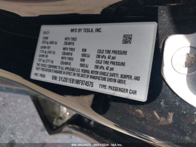 5YJ3E1EB1MF974575 Tesla Model 3 Long Range Dual Motor All-wheel Drive