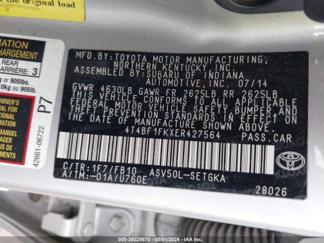 4T4BF1FKXER427564 Toyota CAMRY XLE
