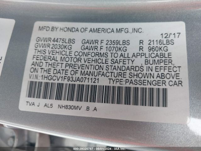 1HGCV1F93JA071121 Honda Accord Touring