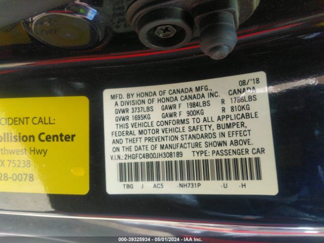 2HGFC4B00JH308189 Honda Civic Lx-p