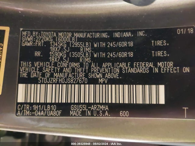 Toyota Highlander Xle 2018 5TDJZRFH0JS827670 Image 9