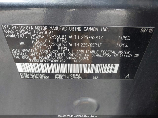Toyota Rav4 Xle 2015 2T3RFREV2FW380462 Image 9