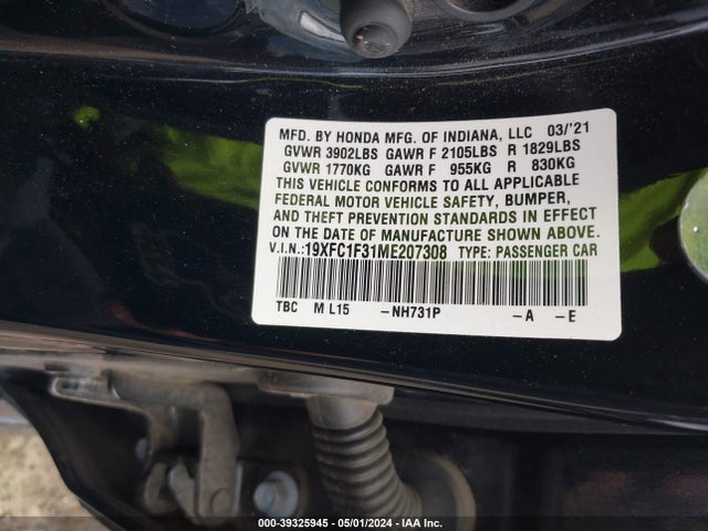 Honda CIVIC EX 2021 19XFC1F31ME207308 Image 9