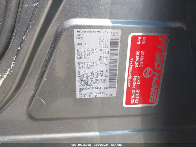 Nissan Pathfinder Platinum 2015 5N1AR2MN2FC684516 Image 9