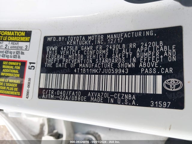 Toyota CAMRY LE 2018 4T1B11HK7JU059943 Image 9