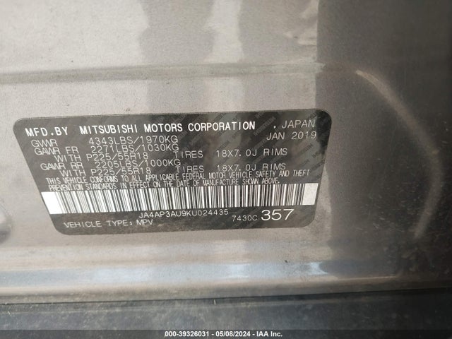 JA4AP3AU9KU024435 Mitsubishi Outlander Sport 2.0 Le