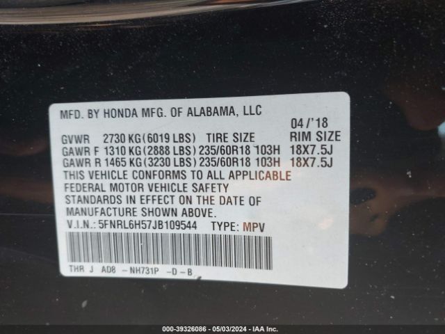 5FNRL6H57JB109544 Honda ODYSSEY EX