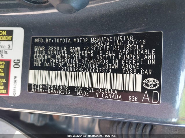 Toyota COROLLA LE 2016 2T1BURHE2GC647579 Image 9