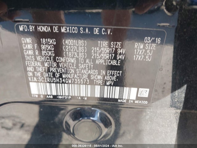Honda HR-V LX 2016 3CZRU5H34GM735573 Image 9