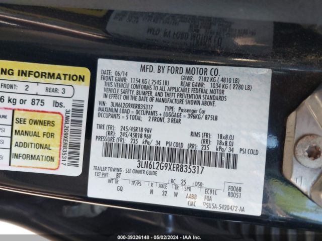 3LN6L2G9XER835317 Lincoln MKZ