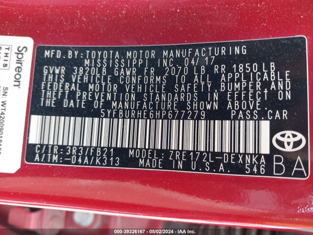 Toyota COROLLA LE 2017 5YFBURHE6HP677279 Image 9