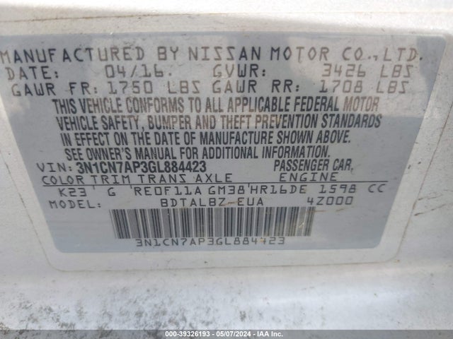 Nissan Versa 1.6 Sv 2016 3N1CN7AP3GL884423 Image 9