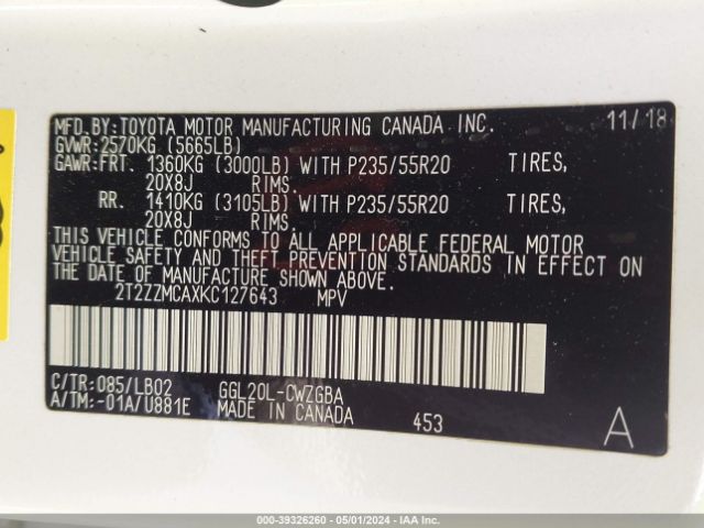 2T2ZZMCAXKC127643 Lexus RX 350