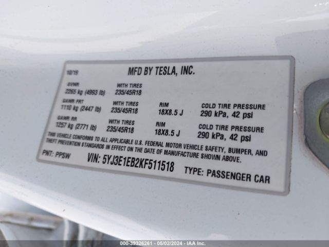 5YJ3E1EB2KF511518 Tesla Model 3 Long Range/performance