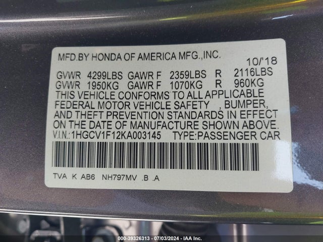 Honda ACCORD LX 2019 1HGCV1F12KA003145 Image 9
