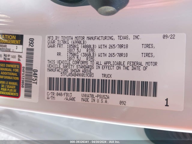 Toyota Tundra Sr5 2022 5TFLA5AB4NX019303 Image 9