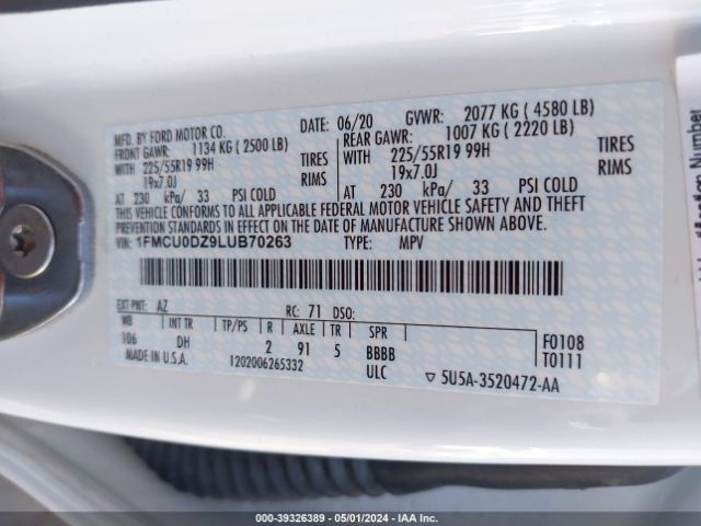 1FMCU0DZ9LUB70263 Ford Escape Titanium Hybrid