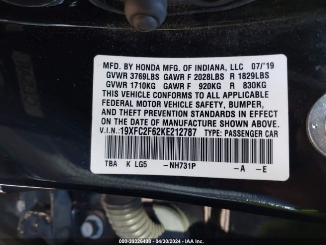 19XFC2F62KE212787 Honda Civic Lx