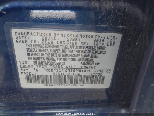 Nissan SENTRA SL 2016 3N1AB7AP3GY320452 Image 9