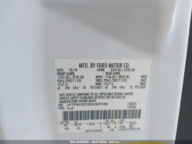 Ford F-150 Xl 2014 1FTFW1EF2EKG07329 Image 9