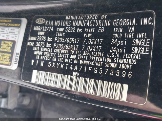 KIA Sorento Lx V6 2015 5XYKT4A71FG573396 Image 9