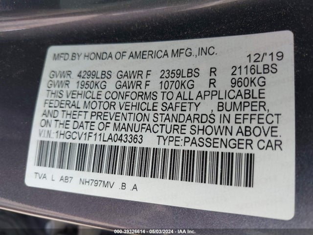 Honda ACCORD LX 2020 1HGCV1F11LA043363 Image 9