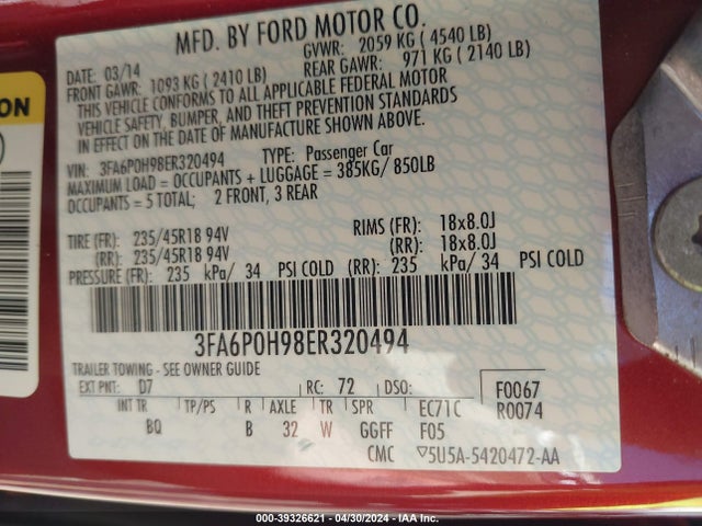 Ford FUSION SE 2014 3FA6P0H98ER320494 Image 9