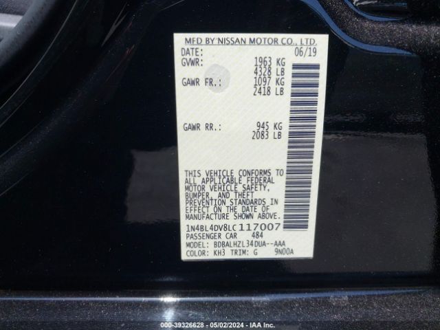 1N4BL4DV8LC117007 Nissan Altima Sv Fwd