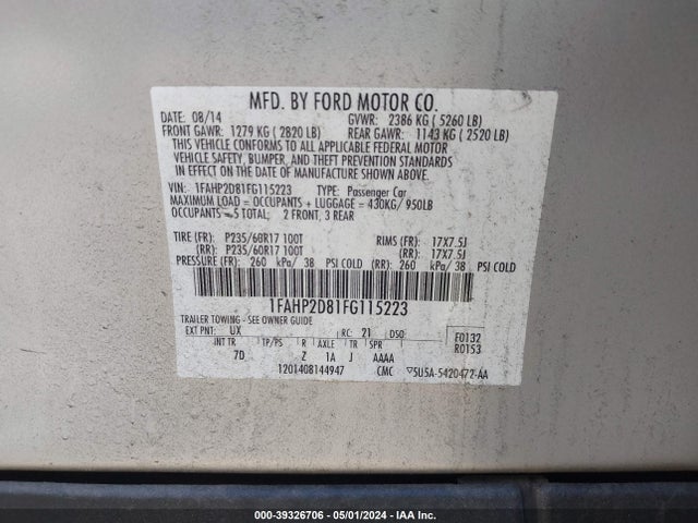 Ford TAURUS SE 2015 1FAHP2D81FG115223 Image 9