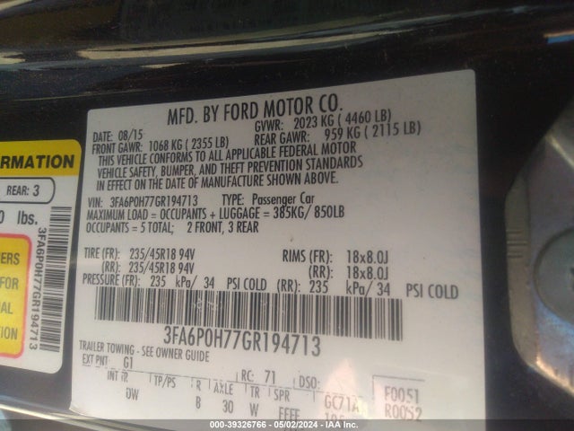 Ford FUSION SE 2016 3FA6P0H77GR194713 Image 9