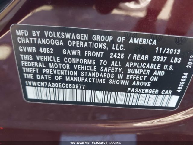 1VWCN7A30EC053977 Volkswagen Passat 2.0l Tdi Sel Premium