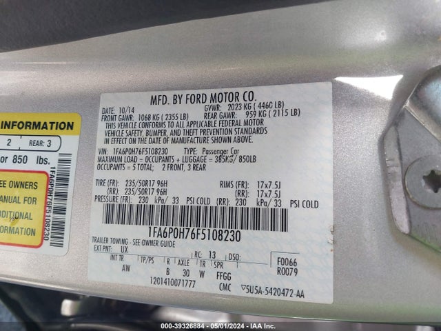 Ford FUSION SE 2015 1FA6P0H76F5108230 Image 9