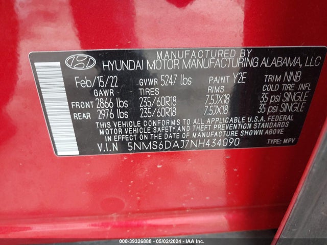 Hyundai Santa Fe Xrt 2022 5NMS6DAJ7NH434090 Image 9