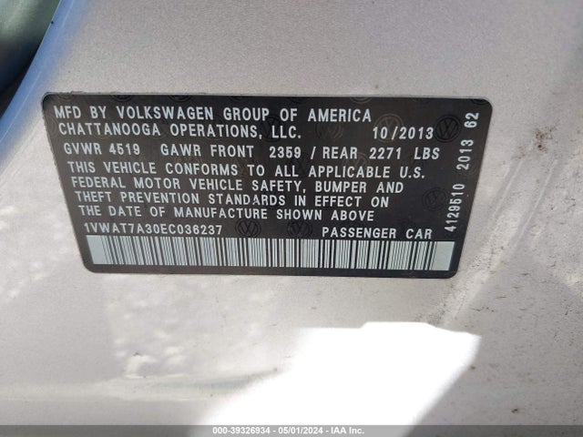 1VWAT7A30EC036237 Volkswagen Passat 1.8t Wolfsburg Edition