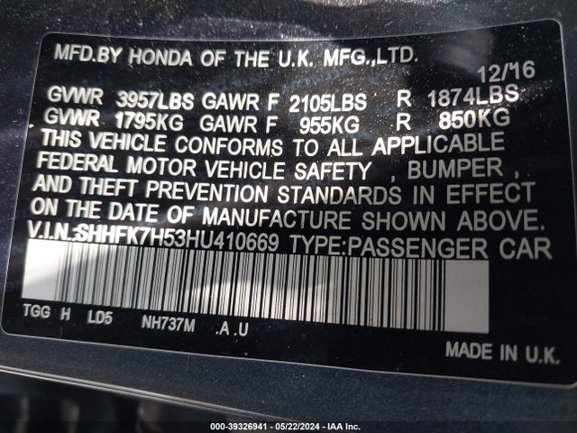 Honda CIVIC EX 2017 SHHFK7H53HU410669 Image 9