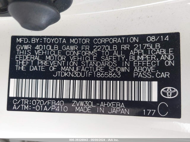 Toyota Prius Two 2015 JTDKN3DU1F1865863 Image 9