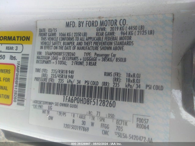 Ford FUSION SE 2015 1FA6P0HD8F5128260 Image 9